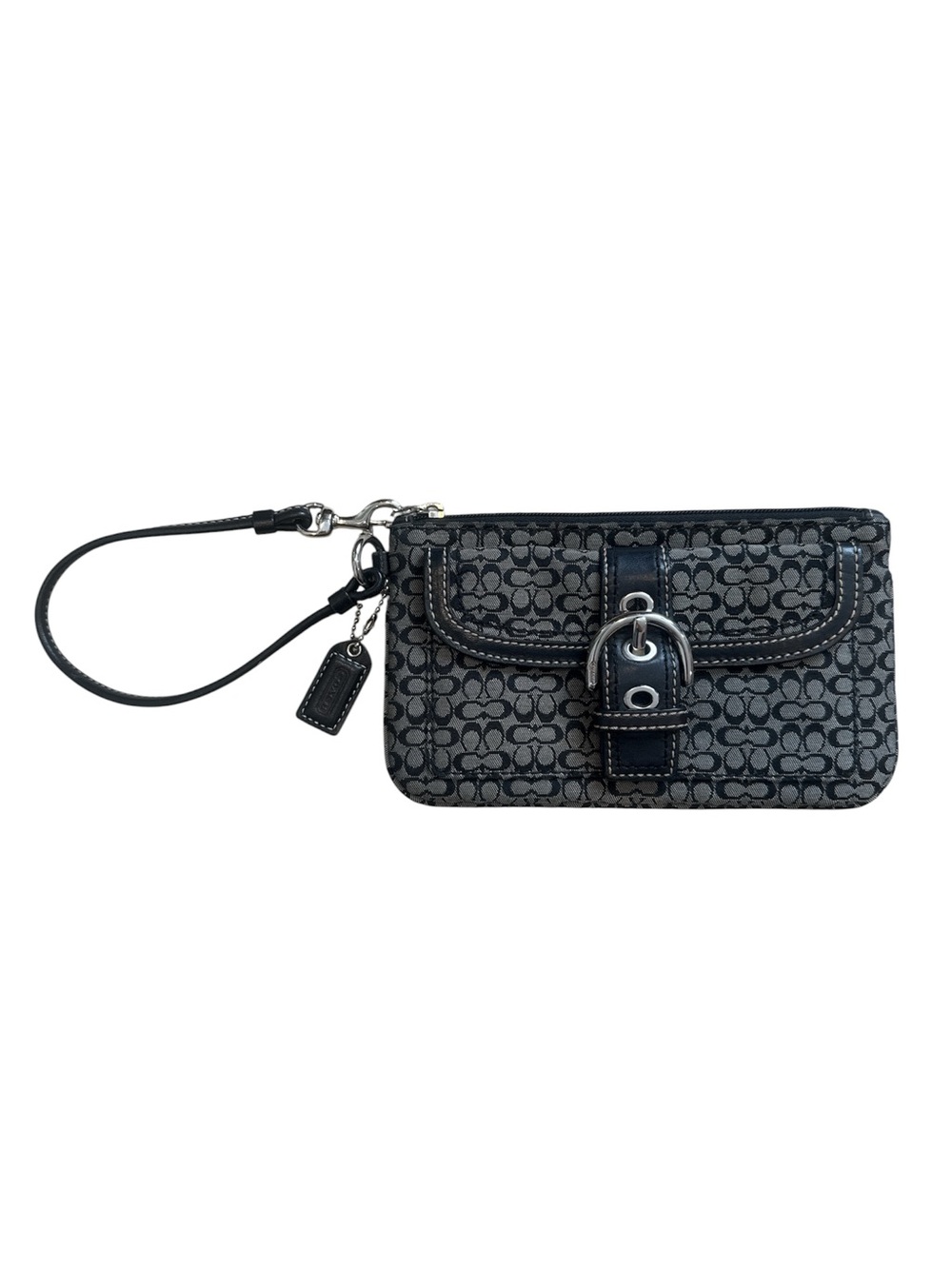 Coach Signature Wristlet Wallet Black Gray Monogram Buckle Clutch